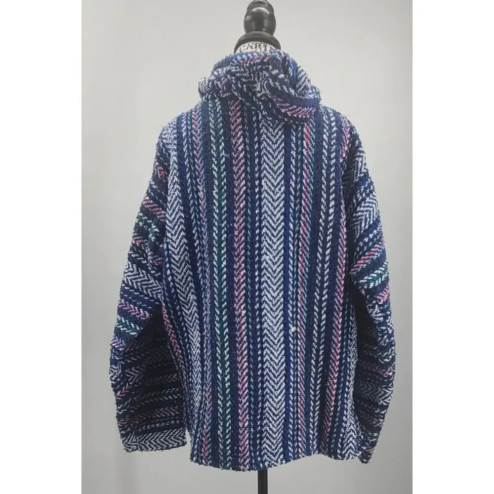 Baja Joe Mexicali poncho Hoodie Blue Size Medium Hippie surfer Boho Casual